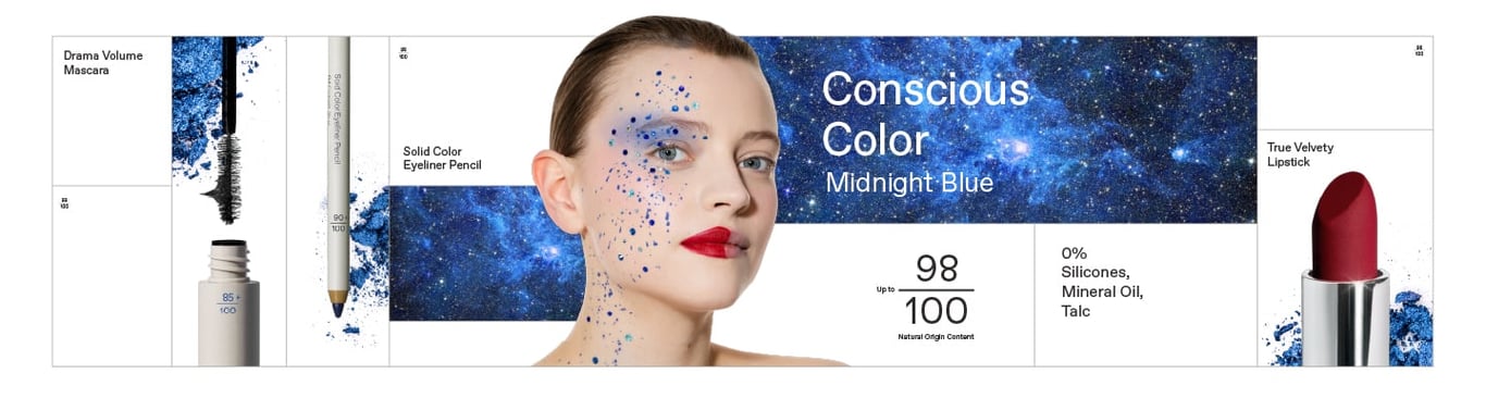 Korres Makeup relansering - Color Concious. Bilde av modell, foundation, leppestift og naturelementer.