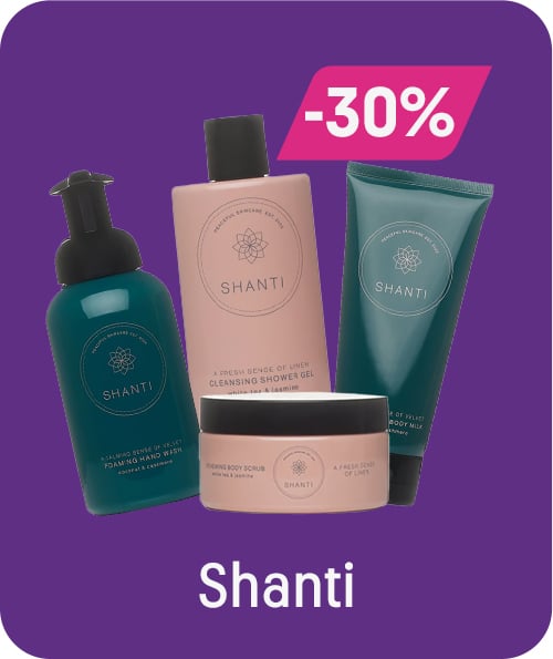 Shanti -30%. Bilde av body scrub, dusj gele, håndsåpe