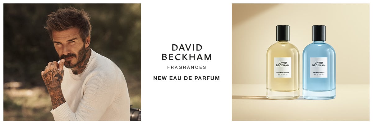 David Beckham (Bilde av david beckham i hvit genser på venstre side, og bilde av to parfymeflakonger på venstre siden. 