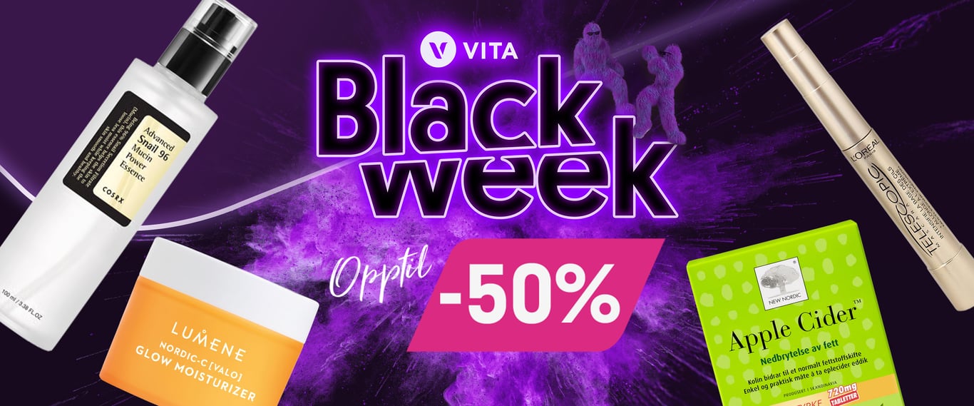 Black Week Optil 50% - BIlde av produkter; COSRX sail serum, lumene dagkrem, apple cider vinigar gummies og mascara fra loreal. 