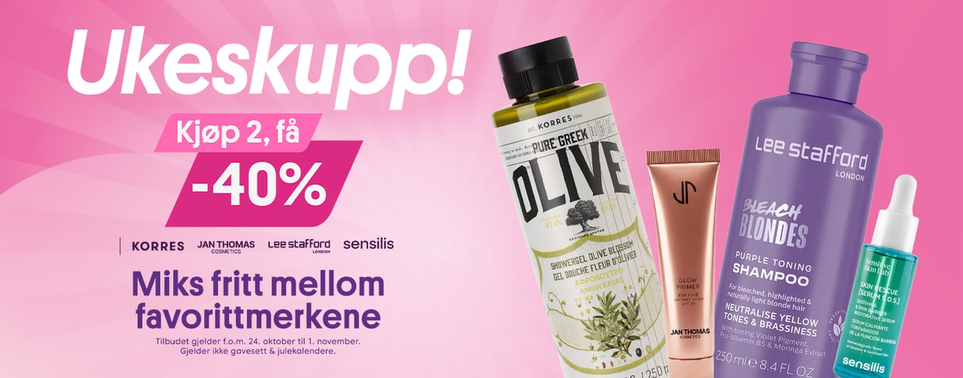 Ukeskupp! Kjøp 2, få -40% miks mellom favorittmerkene Korres, Sensilis, Jan Thomas Cosmetics & Lee Stafford