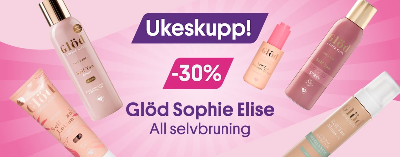 UKES KUPP: -30% På alt fra Glöd Sophie Elise (bilde av et utvalg med selvbruninger på rosa bakgrunn)