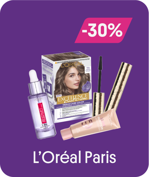 L'oreal -30%. Bilde av mascara, håfarge, primer, og serum.