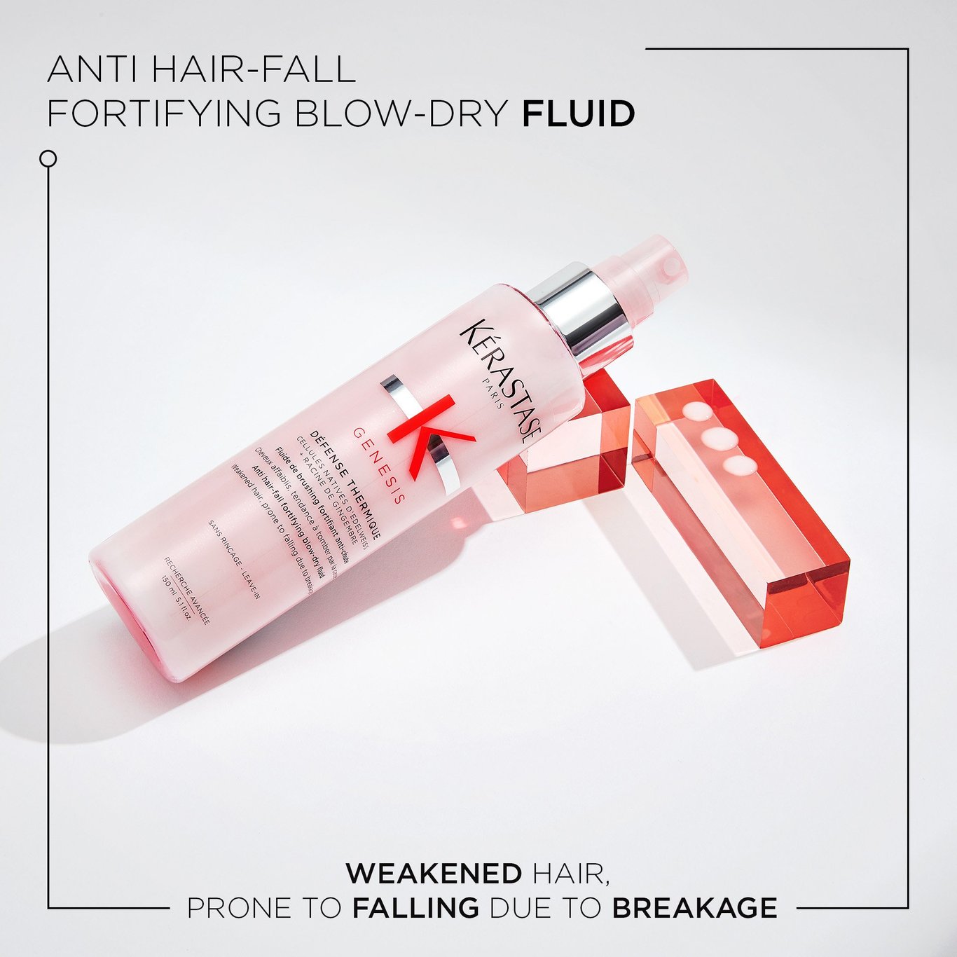 Anti hair-fall fortifying blow-dry fluid. Weakened hair, prone to falling due to breakage