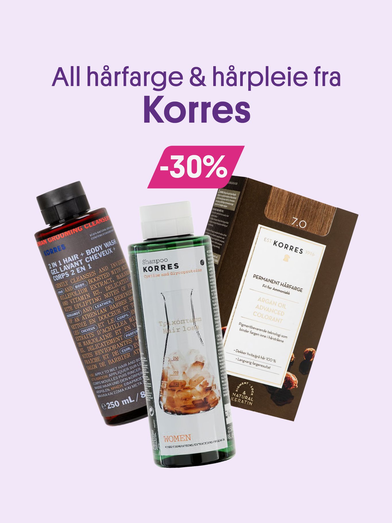 All hårpleie og hårfarge fra Korres 30%