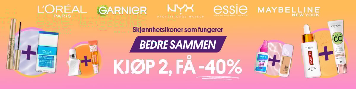 Skjønnhetsikoner som fungerer bedre sammen. Kjøp 2, få -40%. Loreal Paris, Garnier, NYX Professional makeup, Essie, MAybelline
