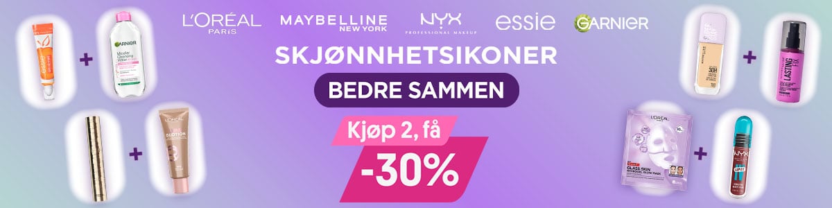 30% på alt fra Loreal, Maybelline, Garnier, Nyx og Essie ved kjøp av 2 eller mer 