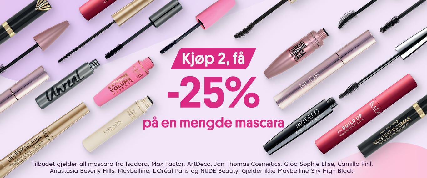 Opptil 25% på utvalgt mascara ved kjøp av 2 eller flere. Gjelder følgende merker: Gjelder mascara fra følgende merker: Isadora, Max Factor, ArtDeco, Jan Thomas, Glöd, Camilla Pihl, Anastasia, Maybelline, L'Oreal, NUDE