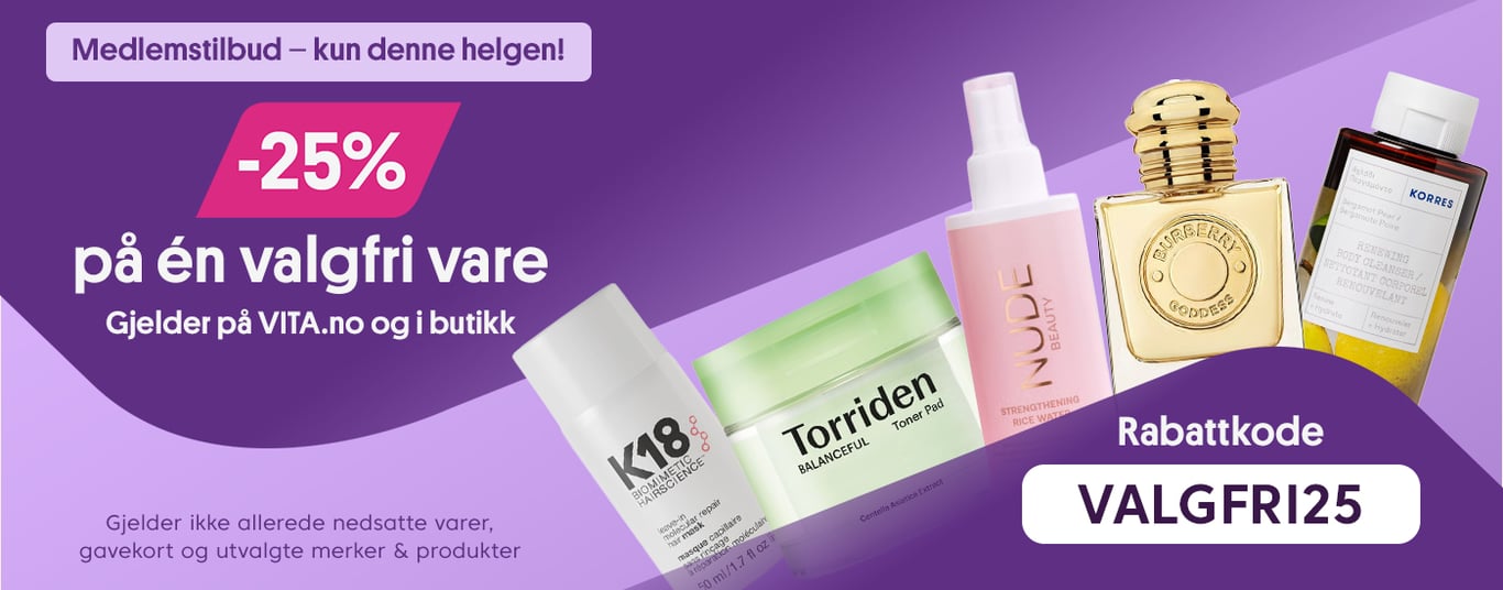 Medlemstilbud kun denne helgen -25% på en valgfri vare gjelder på VITA.no og i butikk. (Gjelder ikke nedsatte varer, gavekort og utvalgte merker og produkter)