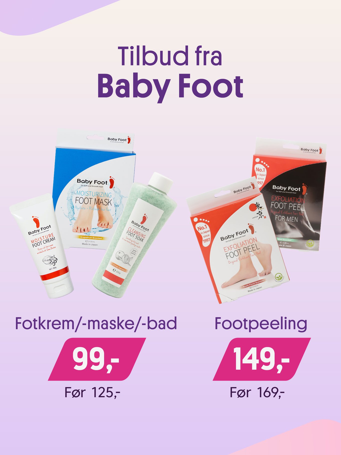 Tilbud på Baby Foot masker til føtter for å fjerne død og hard hud.Nå 99/149,-