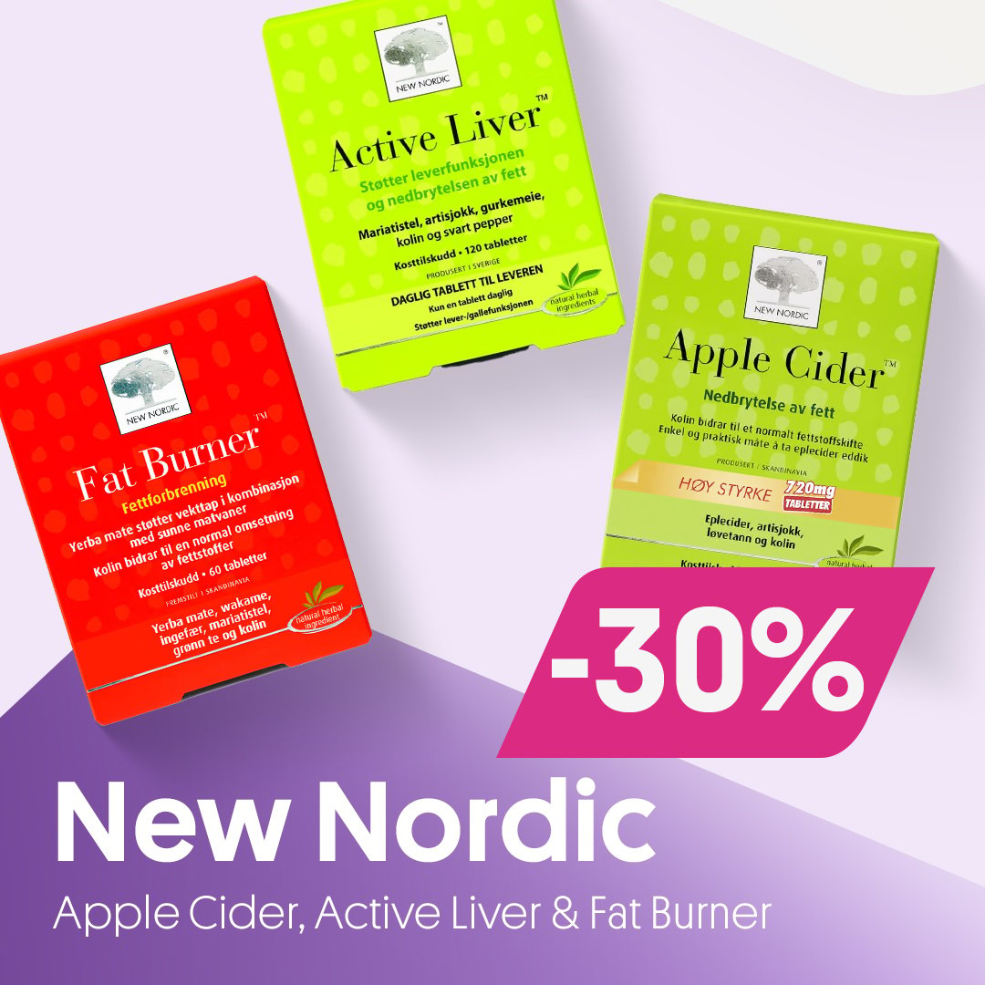 Alt fra New Nordic -30% 8Helsekost produkter; Apple cider, active liver, fat burner) 