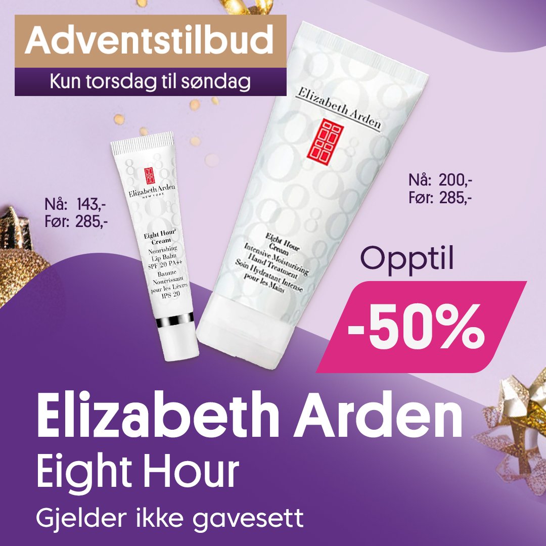 Adventstilbud! Opptil -50% på Elizabeth Arden Eight Hour. Gjelder kun torsdag 14.12 til søndag 17.12