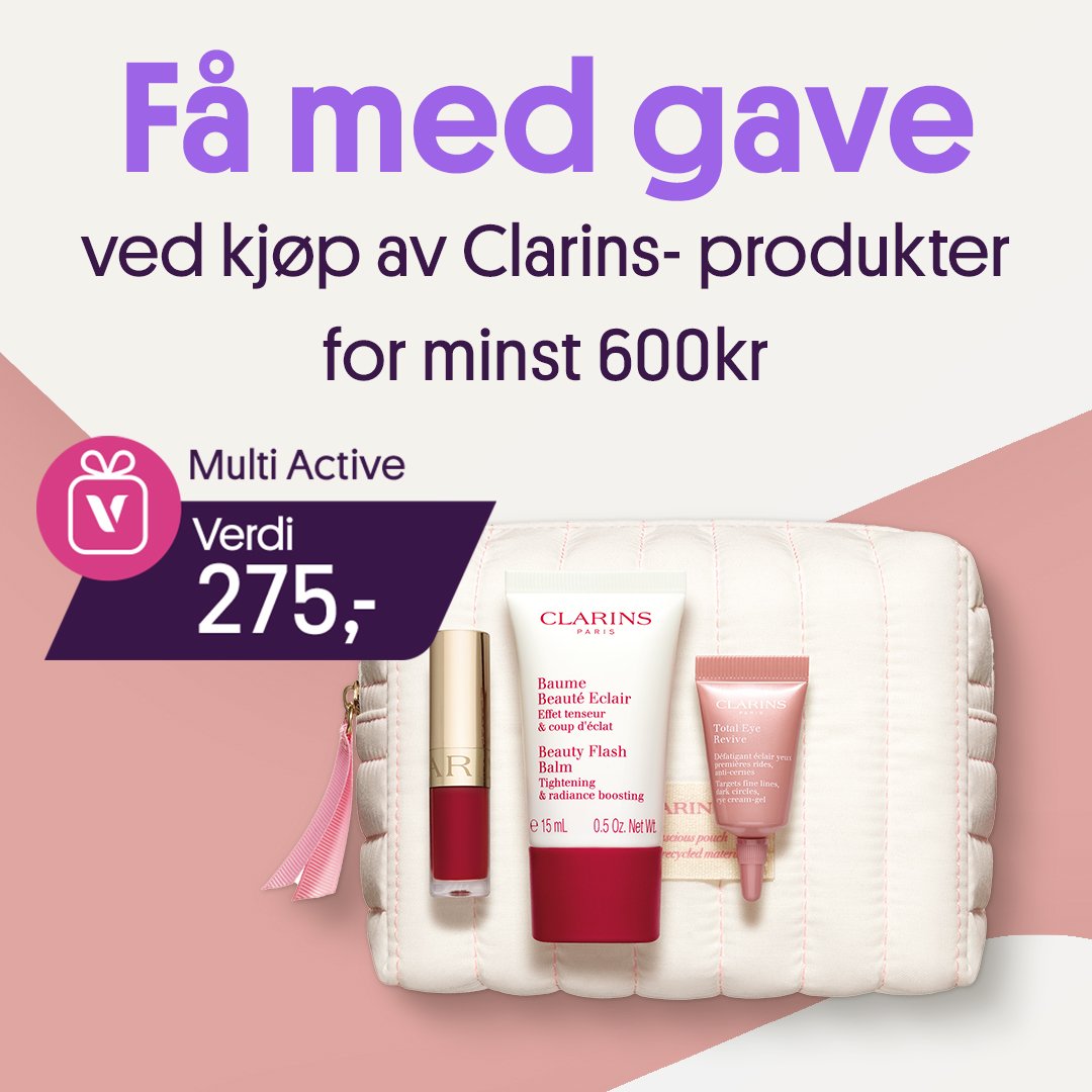 GWP: Få med gave ved kjøp av Clarins-produkter for minst 600kr (Liten toalettmappe  med beauty flsah blam, leppeolje og øyekrem)