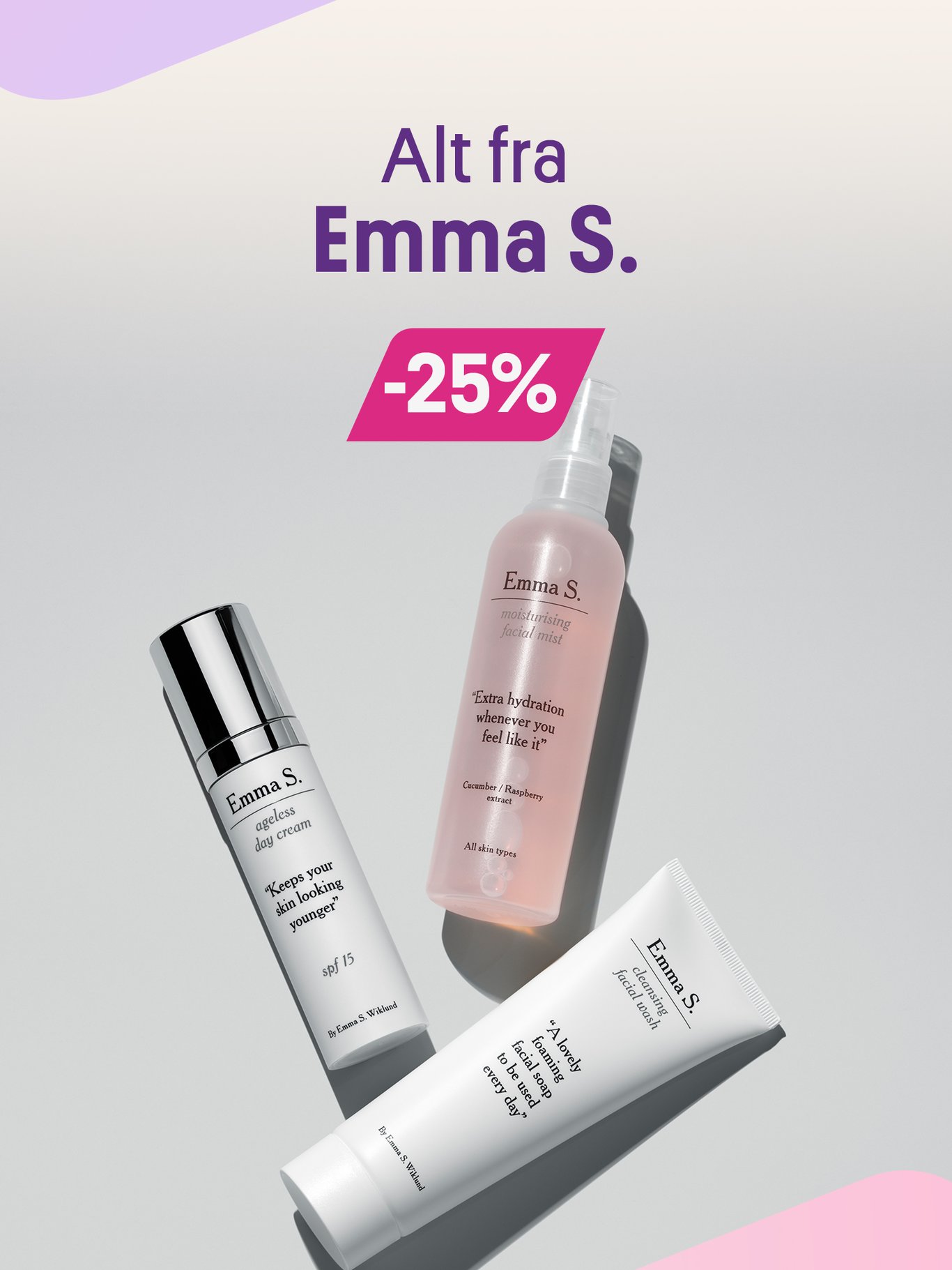 Alt fra Emma S -25%. Bilde av dagkrem på pumpeflaske, ansiktsmaske på tube og en fuktighetsspray