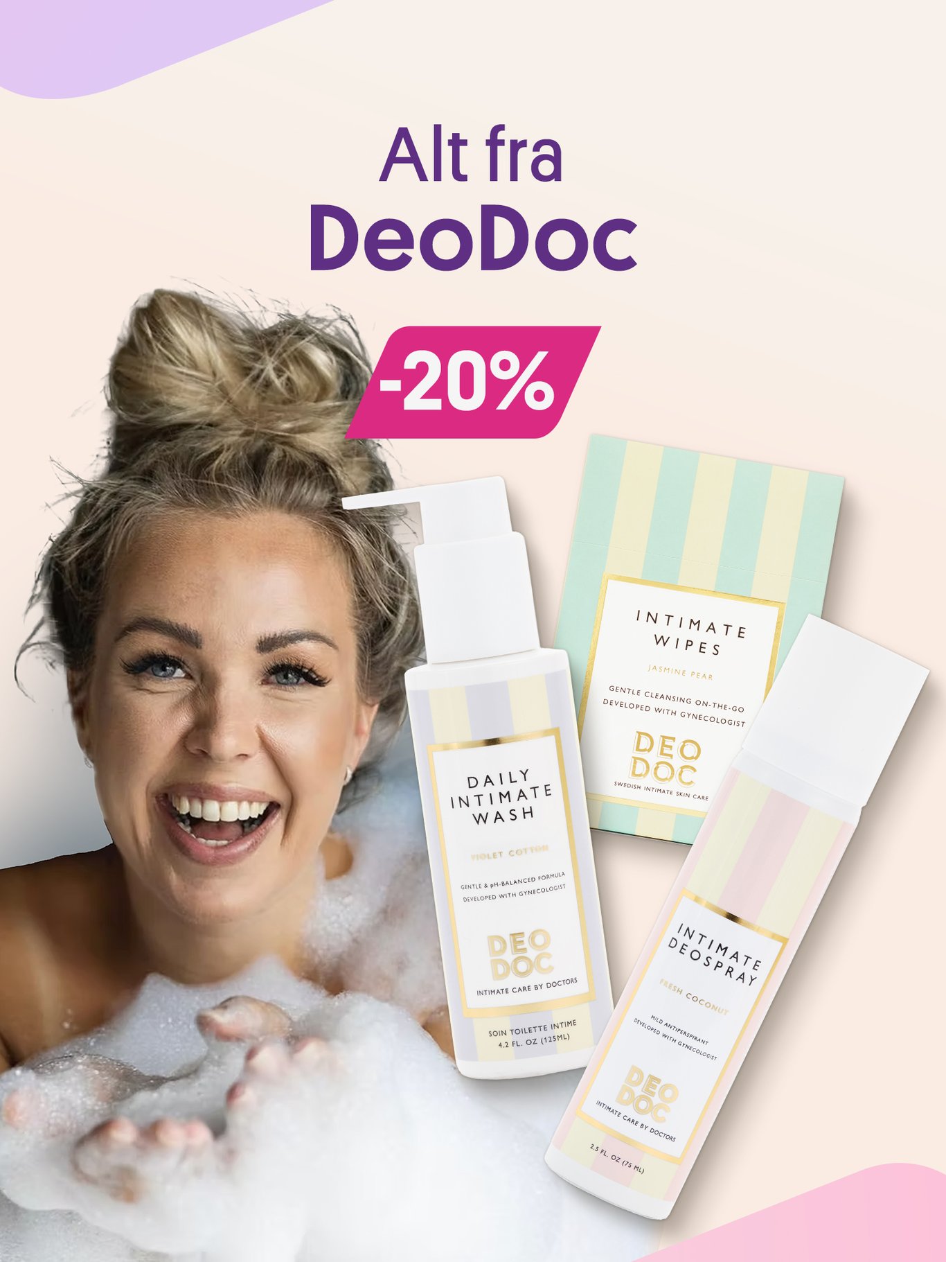 Alt fra DeoDoc -20% (Bilde av itemvask, spray og servietter. Bilde av Therese) 