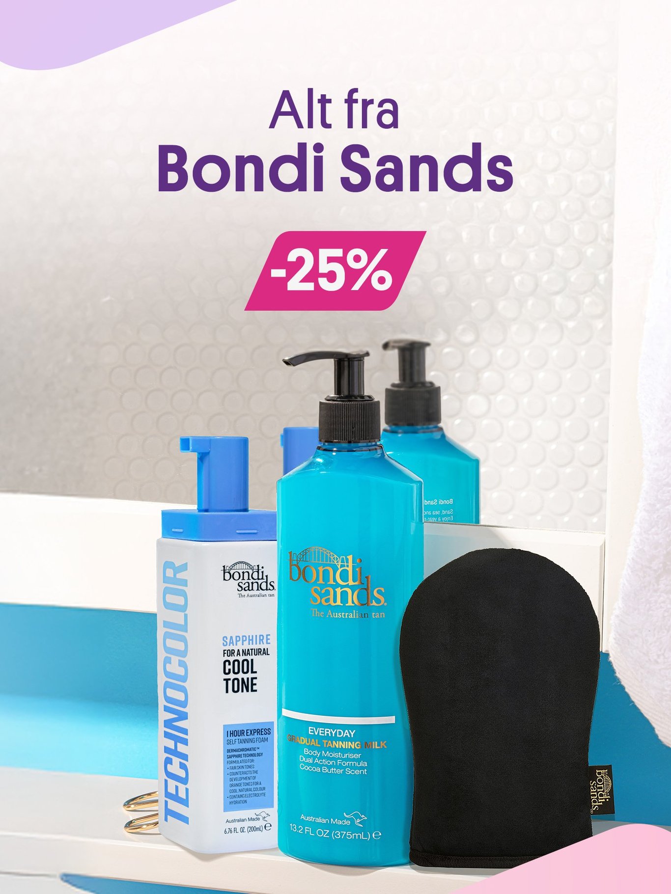 Alt fra Bondi Sands -25% - BIlde av self tan skum, gradual tan på pumpeflaske og selftan vott. 