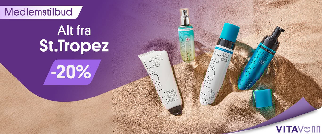 VITA venn tilbud: -25% av all selvbruning fra st. tropez. Bilde av skum, spray og lotion. 