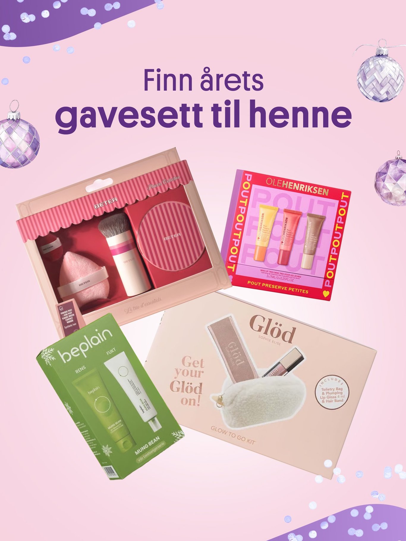 Diverse gavesett til dame med hudpleie, neglepleie og kroppspleie.