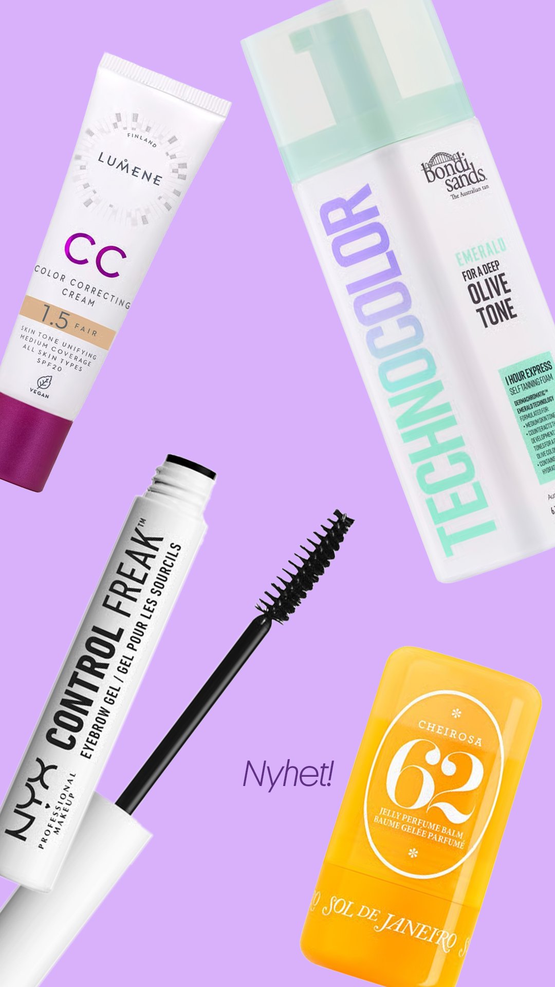 Bilde av lumene cc cream, brow gel fra nyx, perfume stick fra sol de janeiro og self tan fra Bondi sands.