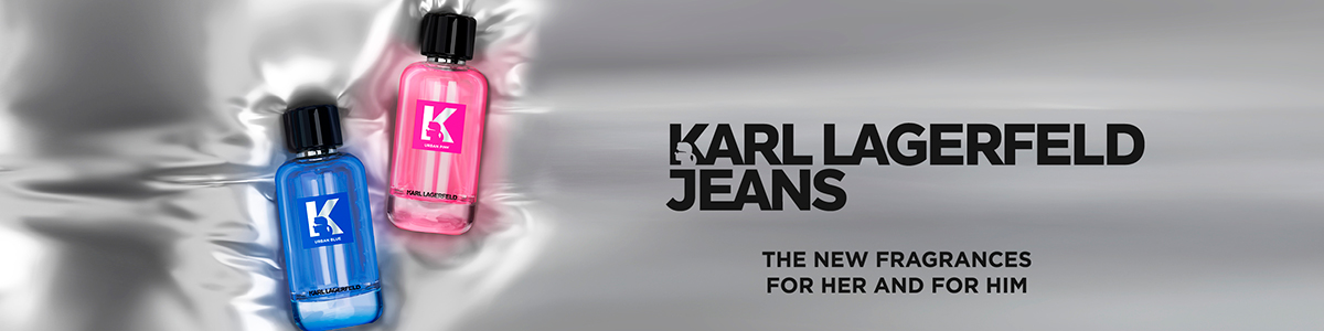 Dekorativt banner med bilde av Karl Lagerfeld Dufter. Tekst: Karl Lagerfield jeans. The new fragrance for him and for her