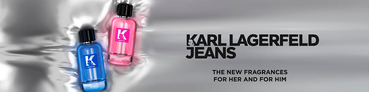 Dekorativt banner med bilde av Karl Lagerfeld Dufter. Tekst: Karl Lagerfield jeans. The new fragrance for him and for her
