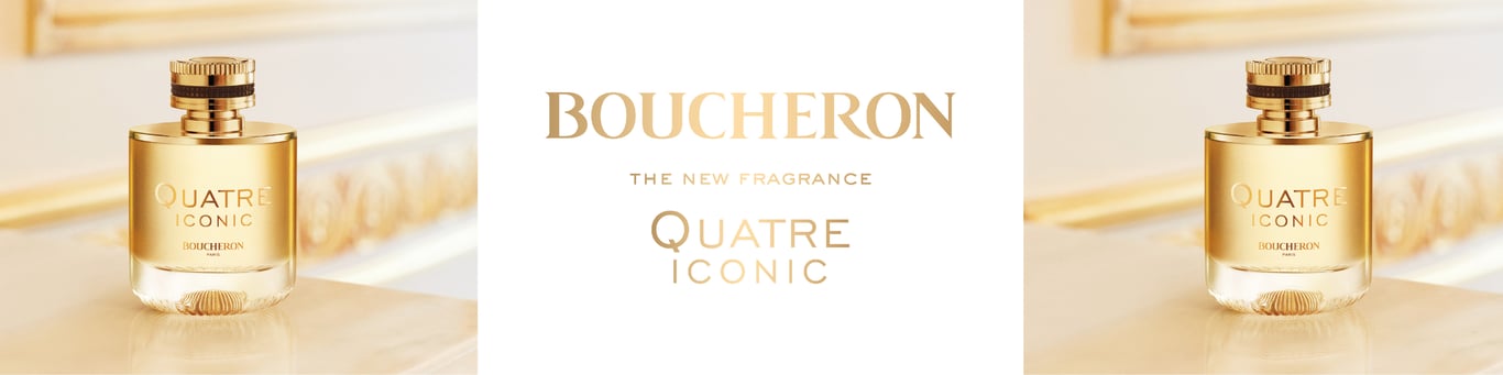 Bilde av to parfymer fra den nye parfymen Boucheron Quatre Iconic. Parfymen er av glass og har gullfarge.  