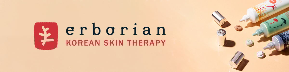 Bilde av erborian logo. På pc vil du se tre ulike bb- og cc-kremer med åpen tube til høyre . På mobil ser du Centella dagkrem