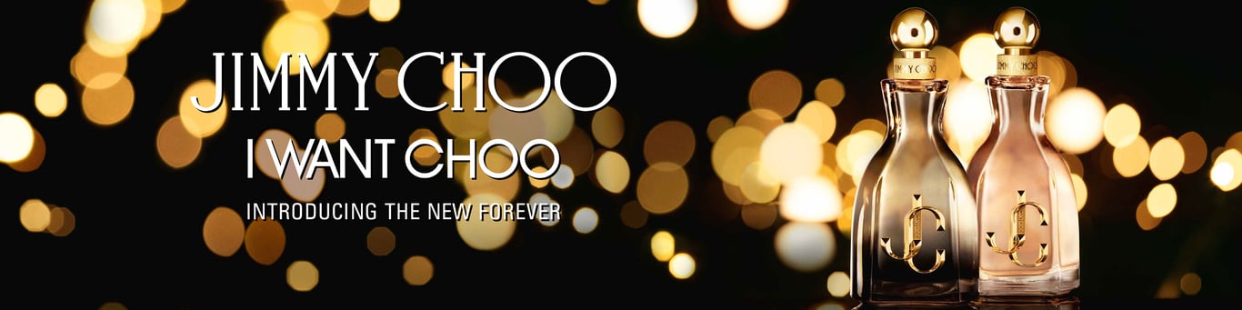 Dekorativt banner med bilde av t flakonger og glitrende lys. Tekst:Jimmy Choo - I wan't Choo. Introducing the new forever