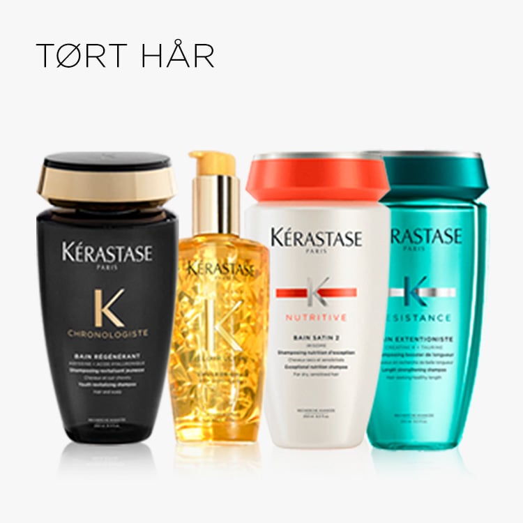 Toppbanneret er et bilde av fire produkter som forebygger tørt hår. Bildet er en direktelenke til kategori tørt hår. 