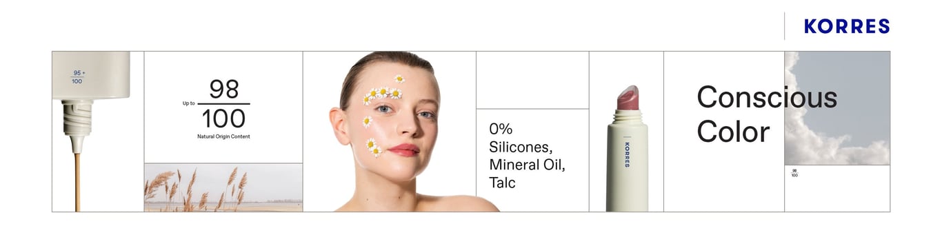 Korres Makeup relansering - Color Concious. Bilde av modell, foundation, leppestift og naturelementer.