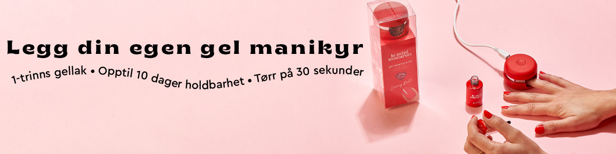 Dekorativt banner med bilde av gel lakk maskin, rød neglelakk og modell som påfører lakk. Tekst: Lag din egen gel manikyr: 1 trinns gellak, opptil 10 dager holdbarhet, tørr på 30 sekunder