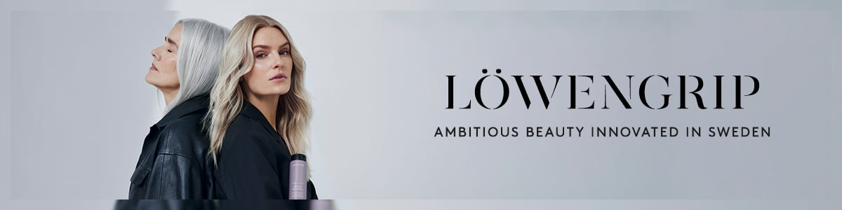 Dekorativt banner. Bilde av modeller som holder shampoo. En eung og en eldre med lyst hår. Tekst: Löwengrip - Ambitionus Beauty Innovated in Sweeden.