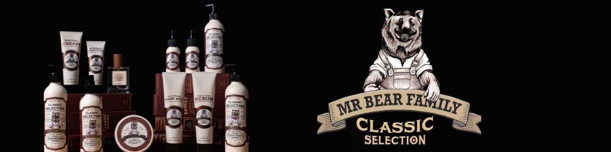 Bilde av alle skjegg-produktene i serien til mr Bear Family (skjegg skrubb, hårvok, balsam, shampoo, duft, shaving cvream, voks)+ logo med bjørn.  