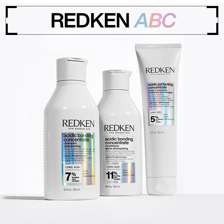 Toppbanner for Redken. Bildet er av 3 hårprodukter med en hvit bakgrunn.