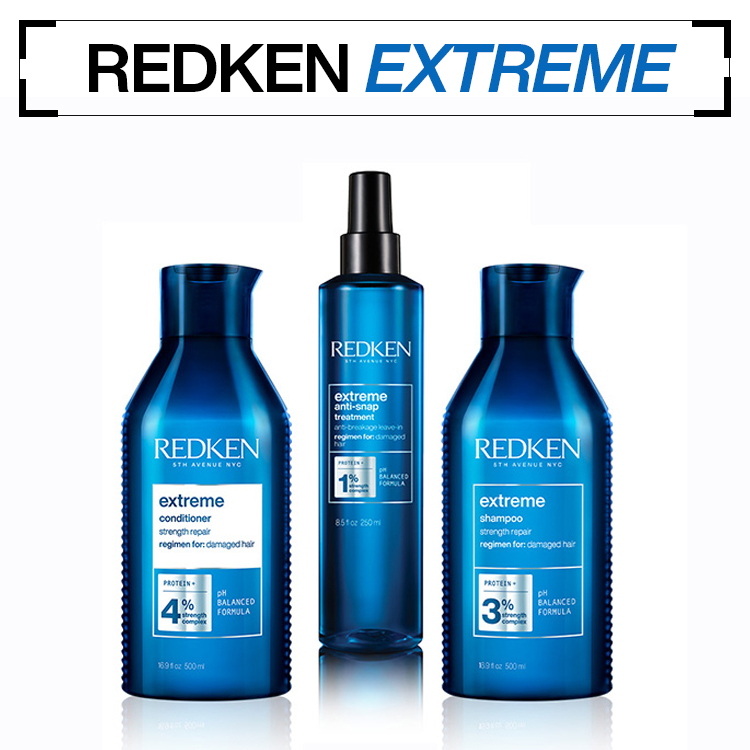 Toppbanner for Redken. Bildet er av 3 hårprodukter med en hvit bakgrunn.