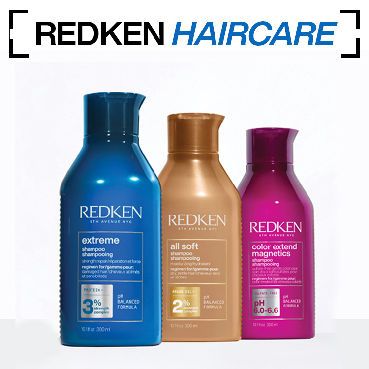 Toppbanner for Redken. Bildet er av 3 hårprodukter med en hvit bakgrunn. Toppbanneret er en direkte lenge til hårbehandling.