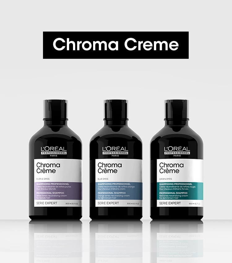 Chrome Creme -serien fra Loreal Professionel. Bilde av tre stykk shampooer i serien. 