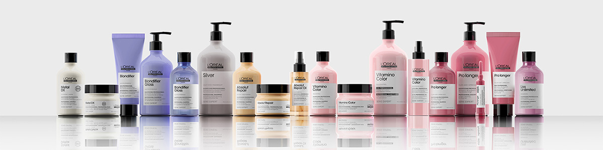L'oreal Professional: Bilde av produktene i hele serien. Shampooer, balsamer, kurer, og andre produkter til hår. 