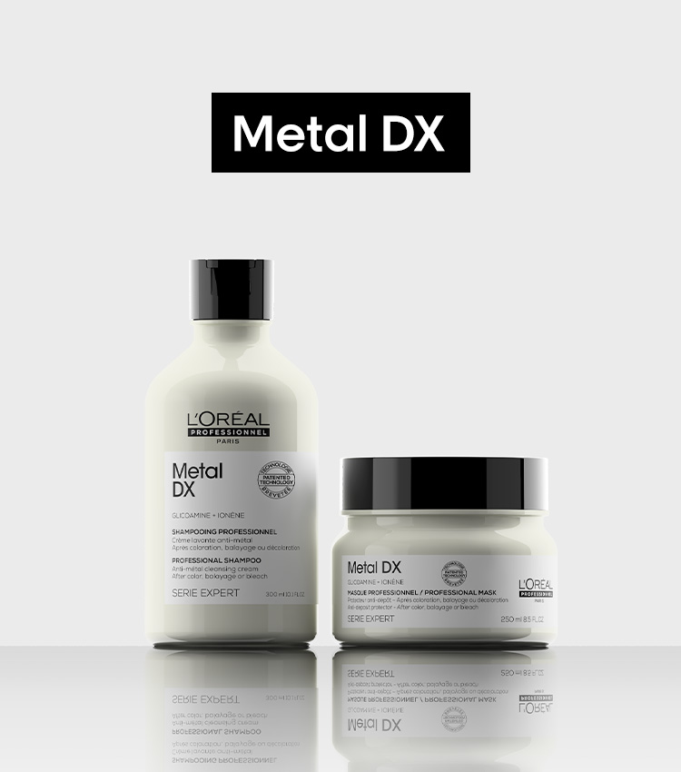 Bilde av produkter fra Metal DX serien. Shampoo og kur.