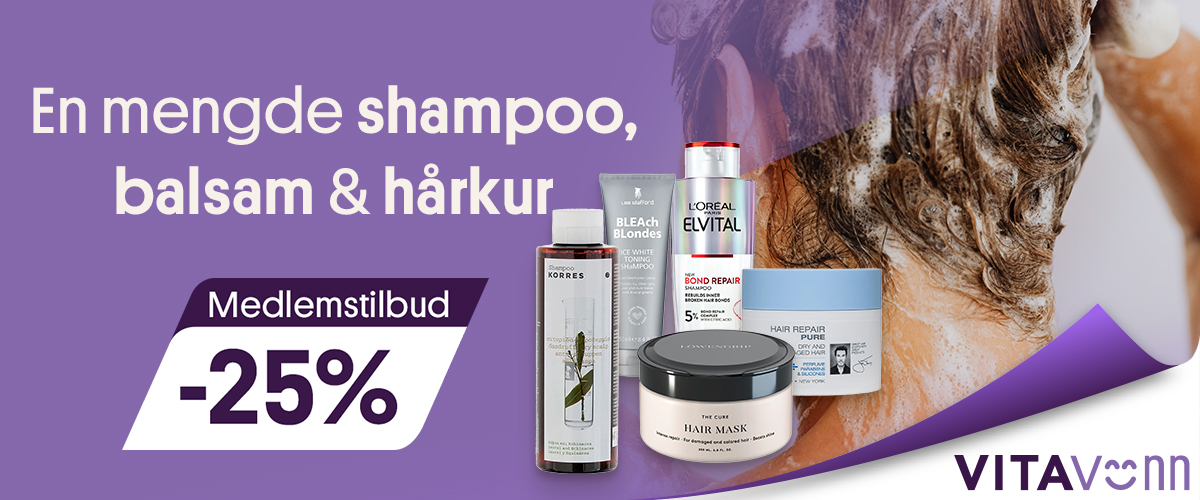 En mengde shampoo, balsam, hårkur 25% til medlemmer